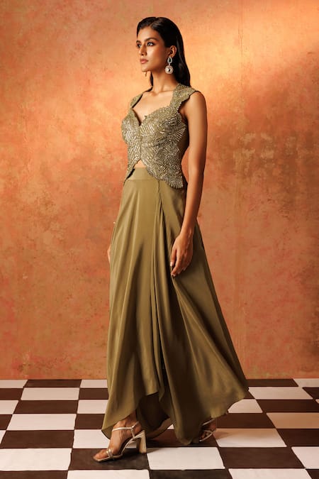 Buy_Rishi And Soujit_Green Crepe Pearls, Sequins, Beads Embroidered Corset With Draped Skirt _Online_at_Aza_Fashions