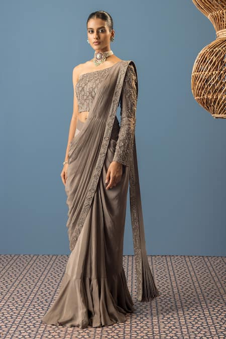 Rishi and Soujit Grey Pre-draped Saree - Organza And Crepe Embroidery Pearls With Floral Blouse 