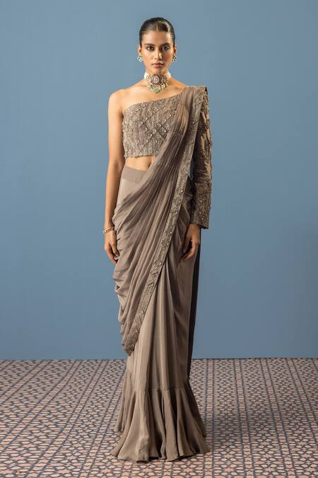 Rishi And Soujit Grey Organza, Crepe Pearls, Sequins, Cut Pre-draped Saree With Floral Blouse Online at Aza Fashions Rishi And Soujit_Grey Organza, Crepe Pearls, Sequins, Cut Pre-draped Saree With Floral Blouse _Online_at_Aza_Fashions