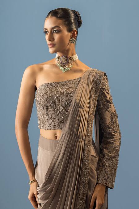 Buy Rishi And Soujit Grey Organza, Crepe Pearls, Sequins, Cut Pre-draped Saree With Floral Blouse Online at Aza Fashions Buy_Rishi And Soujit_Grey Organza, Crepe Pearls, Sequins, Cut Pre-draped Saree With Floral Blouse _Online_at_Aza_Fashions
