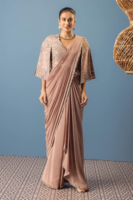 Rishi and Soujit Pre-Draped Saree With Pearl Floral Embroidered Blouse 