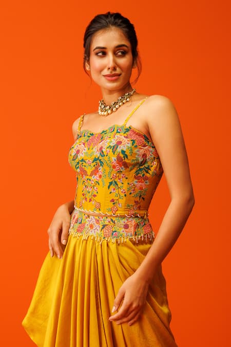 Buy_Rishi And Soujit_Yellow Silk Embroidery, Tassels Sweetheart Neck Thread Bustier And Skirt Set _Online_at_Aza_Fashions
