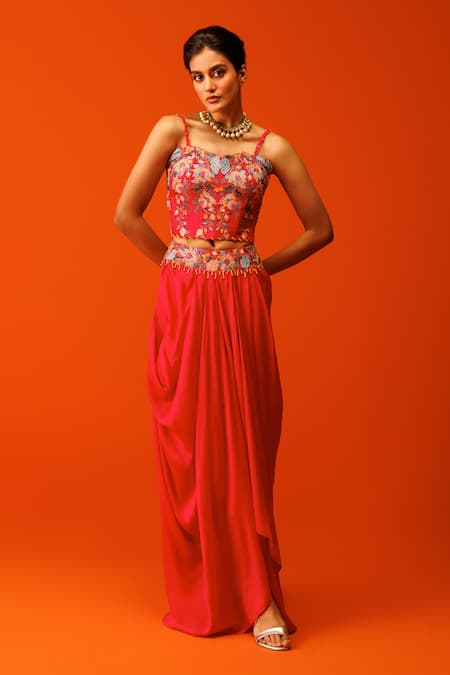 Rishi and Soujit Pink Bemberg Silk Embroidery Thread Sweetheart Neck Floral Bustier And Skirt Set 