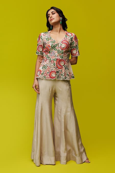 Rishi and Soujit Resham Embroidered Peplum Top & Flared Pant Set 