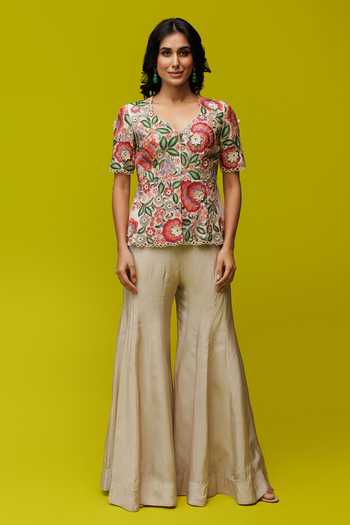 Rishi And Soujit Ivory Silk Embroidery Open Neck Resham Peplum Top And Flared Pant Set Online at Aza Fashions Rishi And Soujit_Ivory Silk Embroidery Open Neck Resham Peplum Top And Flared Pant Set _Online_at_Aza_Fashions