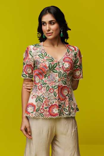 Buy Rishi And Soujit Ivory Silk Embroidery Open Neck Resham Peplum Top And Flared Pant Set Online at Aza Fashions Buy_Rishi And Soujit_Ivory Silk Embroidery Open Neck Resham Peplum Top And Flared Pant Set _Online_at_Aza_Fashions