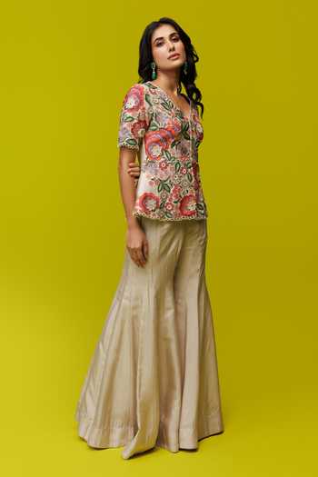 Shop Rishi And Soujit Ivory Silk Embroidery Open Neck Resham Peplum Top And Flared Pant Set Online at Aza Fashions Shop_Rishi And Soujit_Ivory Silk Embroidery Open Neck Resham Peplum Top And Flared Pant Set _Online_at_Aza_Fashions