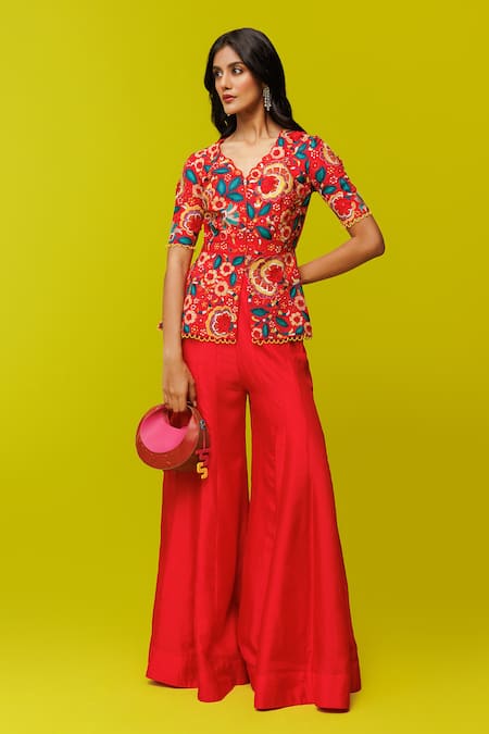 Rishi and Soujit Red Bemberg Silk Embroidery Resham Cutwork Floral Peplum Top And Flared Pant Set 