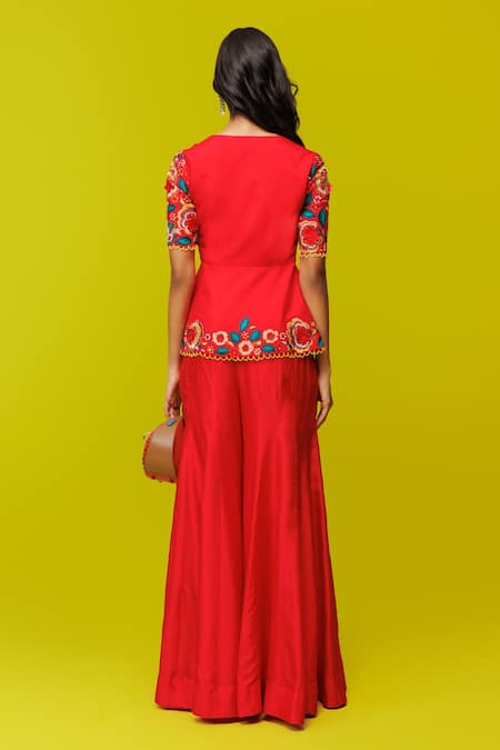 Shop Rishi And Soujit Red Silk Embroidery Open Neck Floral Peplum Top And Flared Pant Set at Aza Fashions Shop_Rishi And Soujit_Red Silk Embroidery Open Neck Floral Peplum Top And Flared Pant Set _at_Aza_Fashions