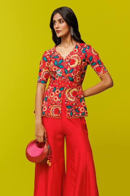 Rishi And Soujit Red Silk Embroidery Open Neck Floral Peplum Top And Flared Pant Set Online at Aza Fashions Rishi And Soujit_Red Silk Embroidery Open Neck Floral Peplum Top And Flared Pant Set _Online_at_Aza_Fashions