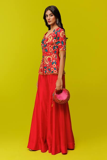 Buy Rishi And Soujit Red Silk Embroidery Open Neck Floral Peplum Top And Flared Pant Set Online at Aza Fashions Buy_Rishi And Soujit_Red Silk Embroidery Open Neck Floral Peplum Top And Flared Pant Set _Online_at_Aza_Fashions