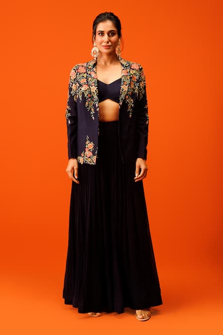 Rishi and Soujit Blue Jacket And Bustier Bemberg Silk Embroidery Thread Blazer Flared Pant Set 