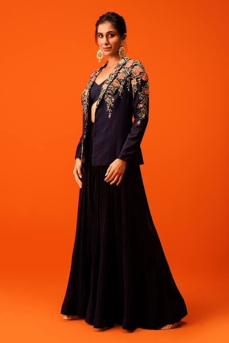 Rishi And Soujit_Blue Silk, Georgette Embroidery Sweetheart Neck Thread Blazer Flared Pant Set _Online_at_Aza_Fashions