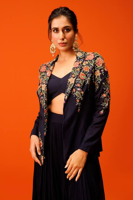 Buy_Rishi And Soujit_Blue Silk, Georgette Embroidery Sweetheart Neck Thread Blazer Flared Pant Set _Online_at_Aza_Fashions