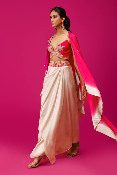 Buy_Rishi And Soujit_Ivory Silk Embroidery Sweetheart Neck Thread Cape Skirt Set _Online_at_Aza_Fashions