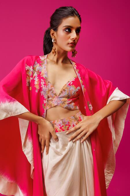 Shop_Rishi And Soujit_Ivory Silk Embroidery Sweetheart Neck Thread Cape Skirt Set _Online_at_Aza_Fashions