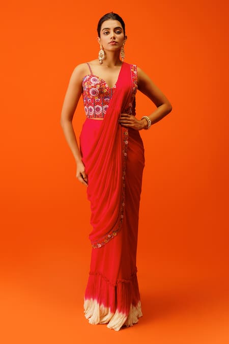 Rishi and Soujit Border Embroidered Pre-Draped Saree With Corset 