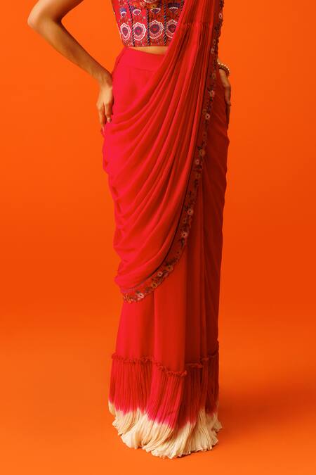 Rishi And Soujit_Ivory Georgette, Brocade Embroidery Border Pre-draped Saree With Corset _Online_at_Aza_Fashions