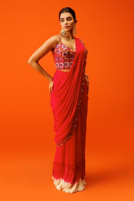 Buy_Rishi And Soujit_Ivory Georgette, Brocade Embroidery Border Pre-draped Saree With Corset _Online_at_Aza_Fashions