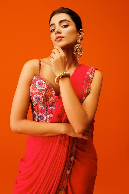 Rishi And Soujit_Ivory Georgette, Brocade Embroidery Border Pre-draped Saree With Corset _at_Aza_Fashions