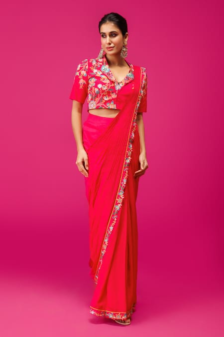 Rishi and Soujit Pleated Pre-Draped Saree With Embroidered Blouse 