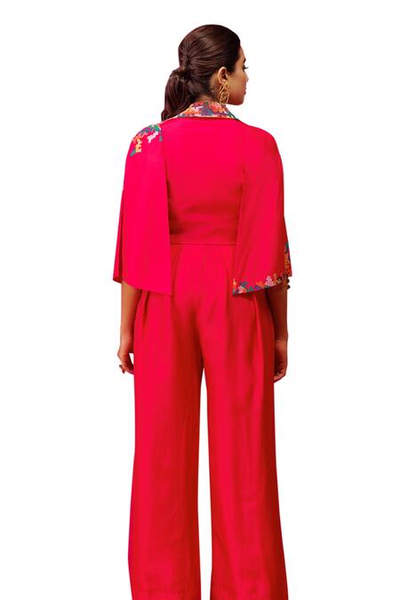 Buy_Rishi And Soujit_Pink Bemberg Silk Embroidery Thread Jacket Collar Geometric Set _Online_at_Aza_Fashions