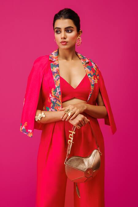 Shop_Rishi And Soujit_Pink Bemberg Silk Embroidery Thread Jacket Collar Geometric Set _Online_at_Aza_Fashions