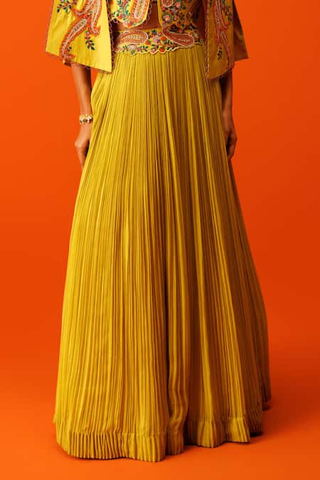 Rishi And Soujit_Yellow Silk, Georgette Embroidery Mandarin Collar Paisley Jacket Skirt Set _Online_at_Aza_Fashions