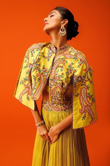 Shop_Rishi And Soujit_Yellow Silk, Georgette Embroidery Mandarin Collar Paisley Jacket Skirt Set _Online_at_Aza_Fashions