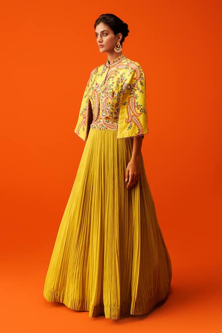 Rishi And Soujit_Yellow Silk, Georgette Embroidery Mandarin Collar Paisley Jacket Skirt Set _at_Aza_Fashions