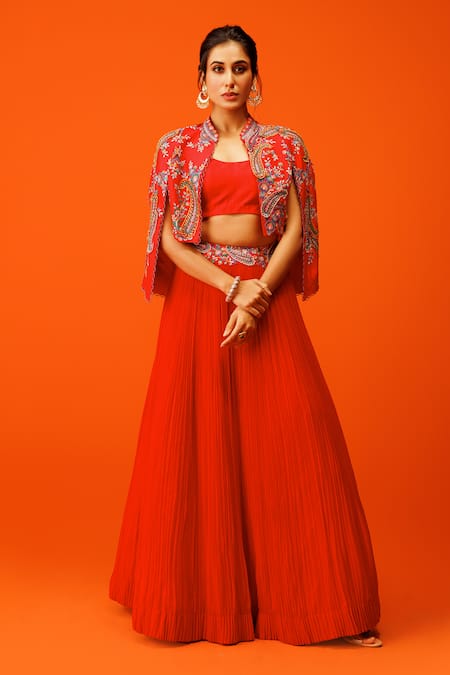 Rishi and Soujit Red Jacket And Bustier Bemberg Silk Embroidery Resham Mandarin Collar Skirt Set 