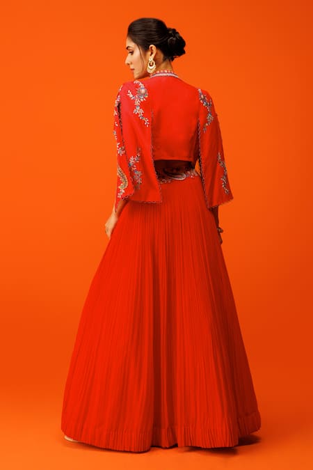 Shop Rishi And Soujit Red Georgette, Silk Embroidery Round Neck, Mandarin Resham Jacket Skirt Set at Aza Fashions Shop_Rishi And Soujit_Red Georgette, Silk Embroidery Round Neck, Mandarin Resham Jacket Skirt Set _at_Aza_Fashions