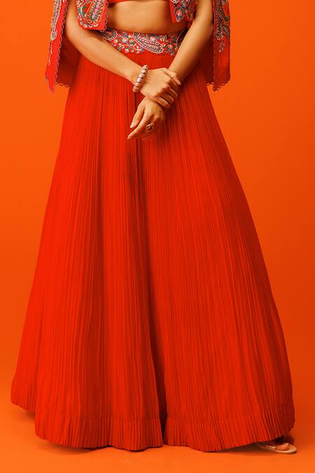 Rishi And Soujit Red Georgette, Silk Embroidery Round Neck, Mandarin Resham Jacket Skirt Set Online at Aza Fashions Rishi And Soujit_Red Georgette, Silk Embroidery Round Neck, Mandarin Resham Jacket Skirt Set _Online_at_Aza_Fashions