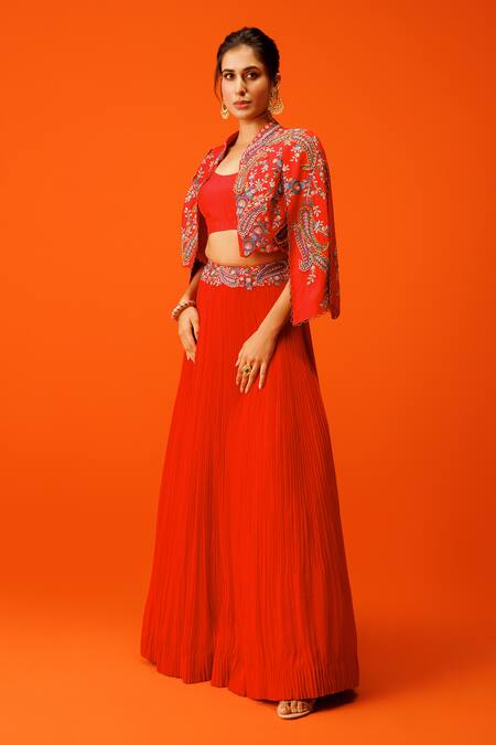 Buy Rishi And Soujit Red Georgette, Silk Embroidery Round Neck, Mandarin Resham Jacket Skirt Set Online at Aza Fashions Buy_Rishi And Soujit_Red Georgette, Silk Embroidery Round Neck, Mandarin Resham Jacket Skirt Set _Online_at_Aza_Fashions