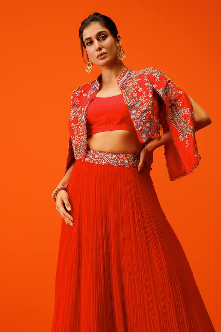 Shop Rishi And Soujit Red Georgette, Silk Embroidery Round Neck, Mandarin Resham Jacket Skirt Set Online at Aza Fashions Shop_Rishi And Soujit_Red Georgette, Silk Embroidery Round Neck, Mandarin Resham Jacket Skirt Set _Online_at_Aza_Fashions
