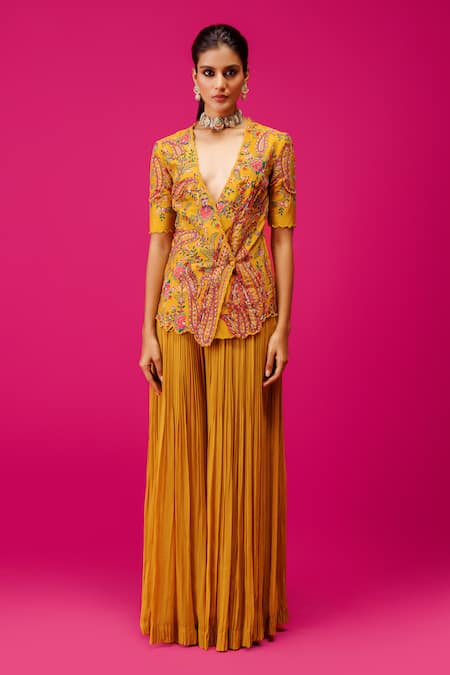 Rishi and Soujit Yellow Jacket Bemberg Silk Embroidery Resham Plunge V Peplum And Flared Pant Set 