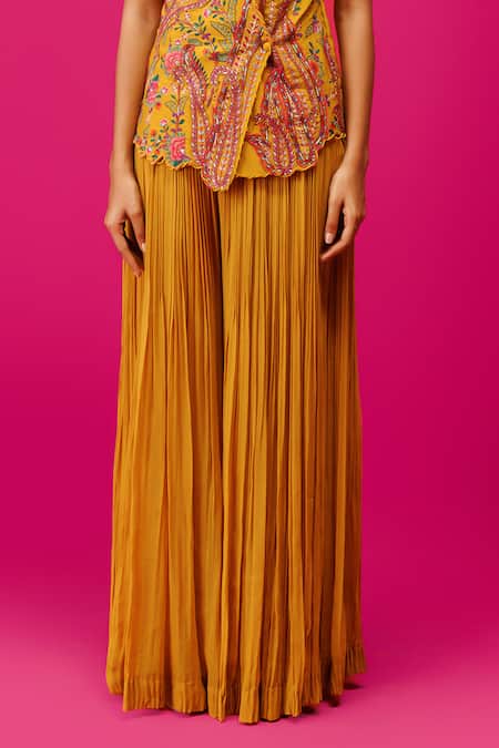 Rishi And Soujit Yellow Silk, Georgette Embroidery Plunge Resham Peplum Jacket And Flared Pant Set Online at Aza Fashions Rishi And Soujit_Yellow Silk, Georgette Embroidery Plunge Resham Peplum Jacket And Flared Pant Set _Online_at_Aza_Fashions