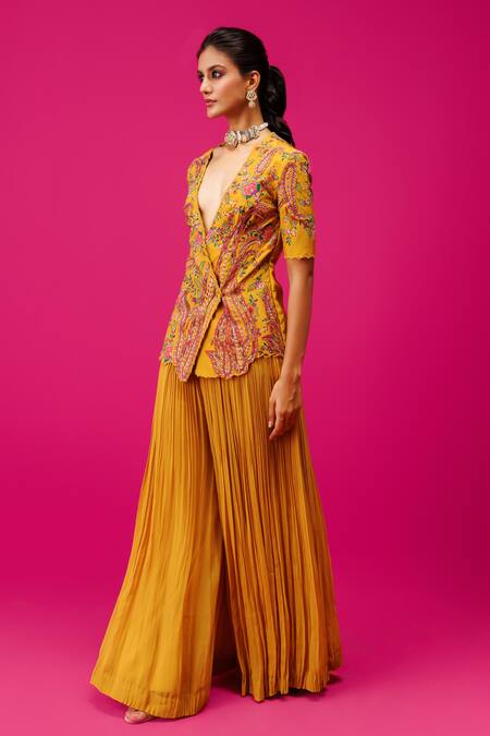 Buy Rishi And Soujit Yellow Silk, Georgette Embroidery Plunge Resham Peplum Jacket And Flared Pant Set Online at Aza Fashions Buy_Rishi And Soujit_Yellow Silk, Georgette Embroidery Plunge Resham Peplum Jacket And Flared Pant Set _Online_at_Aza_Fashions