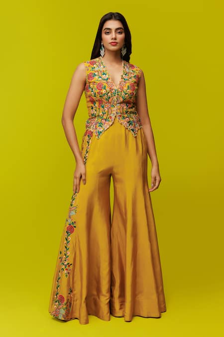 Rishi and Soujit Yellow Embroidery Thread Cutwork Floral Waistcoat And Flared Pant Set 