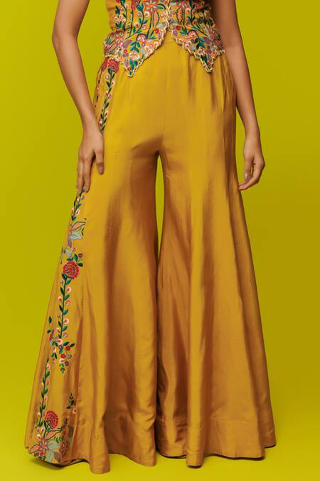 Rishi And Soujit_Yellow Silk Embroidery V-neck Floral Waistcoat And Flared Pant Set _Online_at_Aza_Fashions