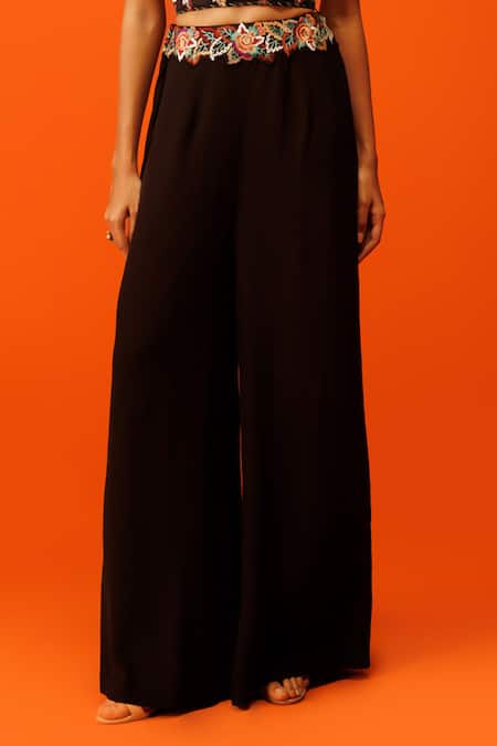 Rishi And Soujit Black Crepe Pearls, Embroidery Thread Work Corset And Flared Pant Set Online at Aza Fashions Rishi And Soujit_Black Crepe Pearls, Embroidery Thread Work Corset And Flared Pant Set _Online_at_Aza_Fashions