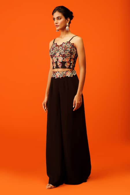 Shop Rishi And Soujit Black Crepe Pearls, Embroidery Thread Work Corset And Flared Pant Set Online at Aza Fashions Shop_Rishi And Soujit_Black Crepe Pearls, Embroidery Thread Work Corset And Flared Pant Set _Online_at_Aza_Fashions