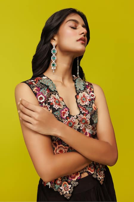 Rishi And Soujit_Black Crepe Embroidery Floral Cutwork Waistcoat And Skirt Set _Online_at_Aza_Fashions