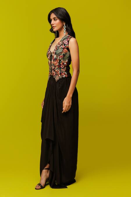 Buy_Rishi And Soujit_Black Crepe Embroidery Floral Cutwork Waistcoat And Skirt Set _Online_at_Aza_Fashions