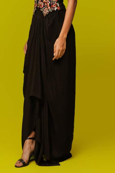 Shop_Rishi And Soujit_Black Crepe Embroidery Floral Cutwork Waistcoat And Skirt Set _Online_at_Aza_Fashions