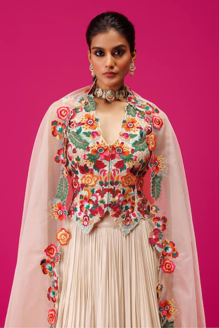Buy Rishi And Soujit Ivory Georgette, Organza Embroidery Keyhole Neck Thread Waistcoat Lehenga Set Online at Aza Fashions Buy_Rishi And Soujit_Ivory Georgette, Organza Embroidery Keyhole Neck Thread Waistcoat Lehenga Set _Online_at_Aza_Fashions