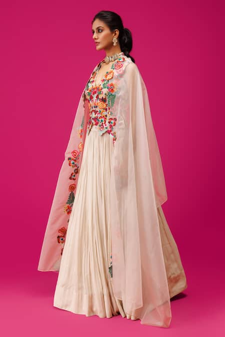 Shop Rishi And Soujit Ivory Georgette, Organza Embroidery Keyhole Neck Thread Waistcoat Lehenga Set Online at Aza Fashions Shop_Rishi And Soujit_Ivory Georgette, Organza Embroidery Keyhole Neck Thread Waistcoat Lehenga Set _Online_at_Aza_Fashions