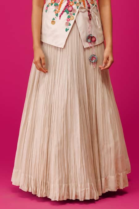 Rishi And Soujit_Ivory Silk, Crepe Embroidery V-neck Resham Wrap Jacket And Skirt Set _Online_at_Aza_Fashions