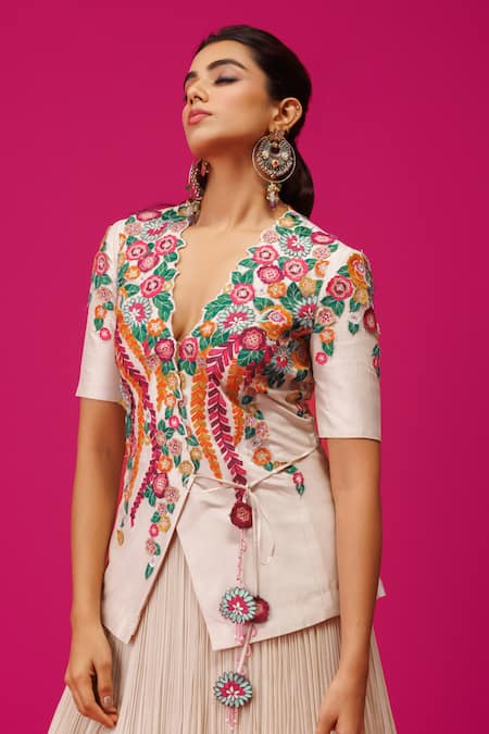 Buy_Rishi And Soujit_Ivory Silk, Crepe Embroidery V-neck Resham Wrap Jacket And Skirt Set _Online_at_Aza_Fashions