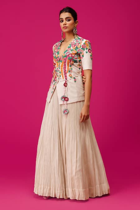 Shop_Rishi And Soujit_Ivory Silk, Crepe Embroidery V-neck Resham Wrap Jacket And Skirt Set _Online_at_Aza_Fashions